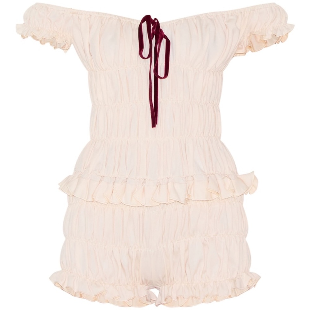 PrettyLittleThing Cream Off-Shoulder Ruffle Romper